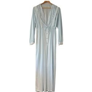 Vintage SEARS Powder Blue Peignoir Long Robe 36 Medium Eyelet Lace Trim Cottage